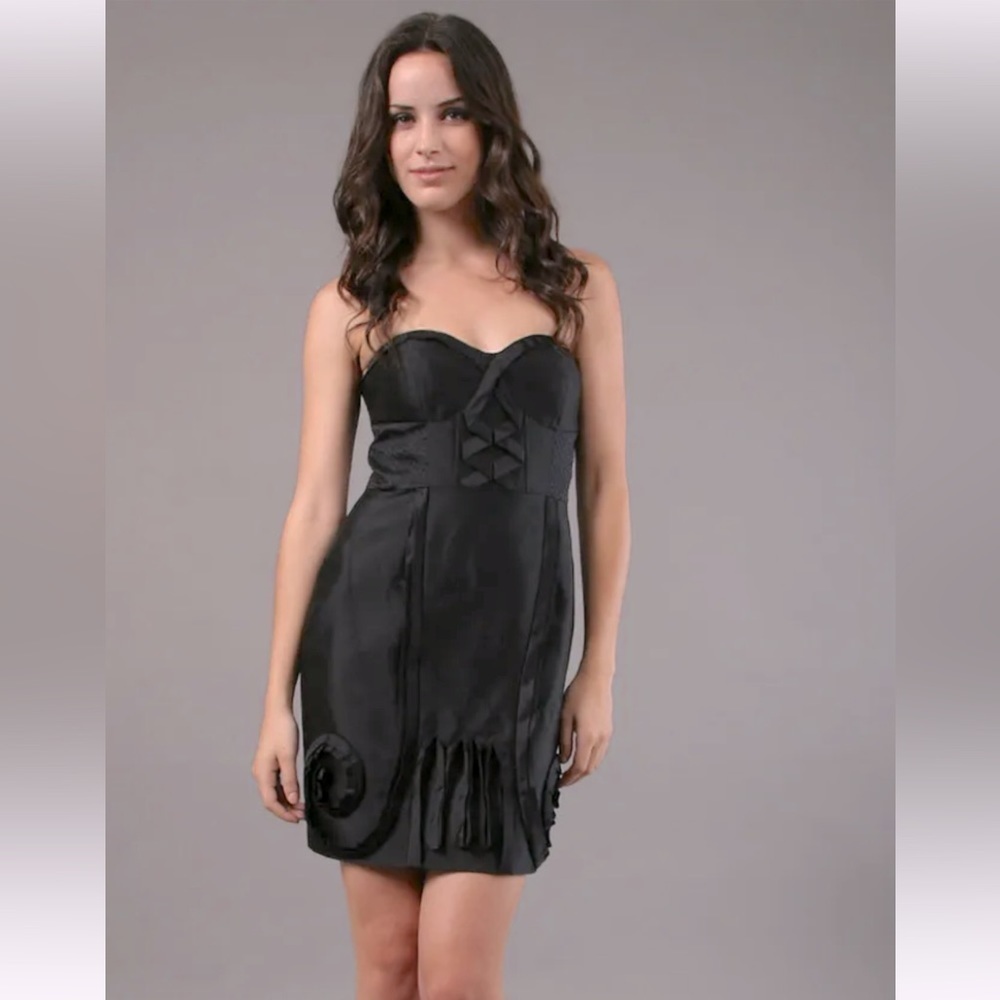 Anthropologie Strapless Black Satin Rosette Cocktail Dress